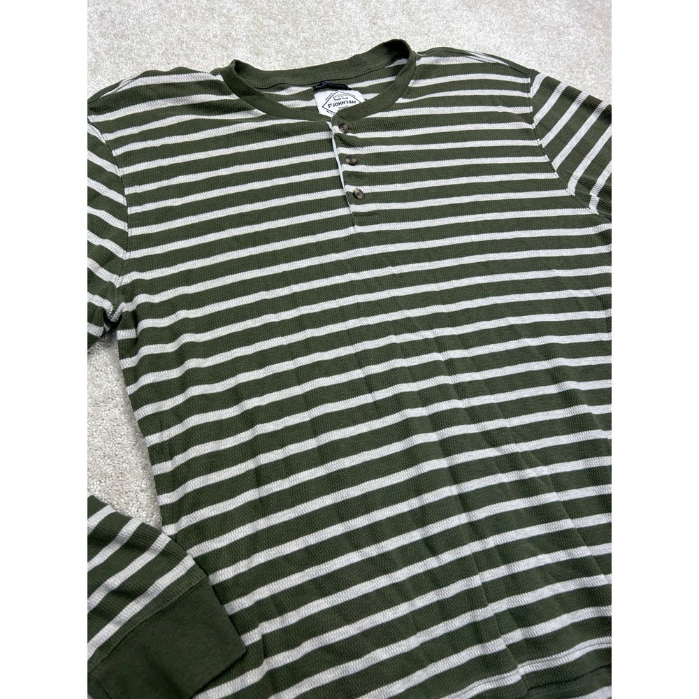 St Johns Bay Mens XXL Henley Shirt Olive Green White Striped Waffle Knit Thermal